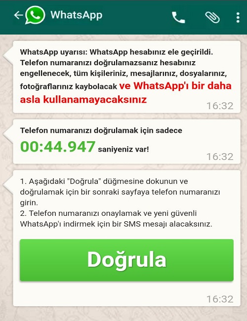 Whatsapp hesabınız ele geçirildi mesajına dikkat ediniz..!