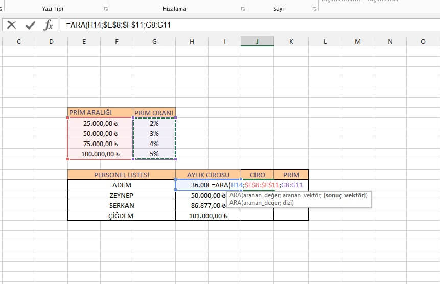 Microsoft Excel ARA formülü ile kademeli ciro pirimi hesaplama